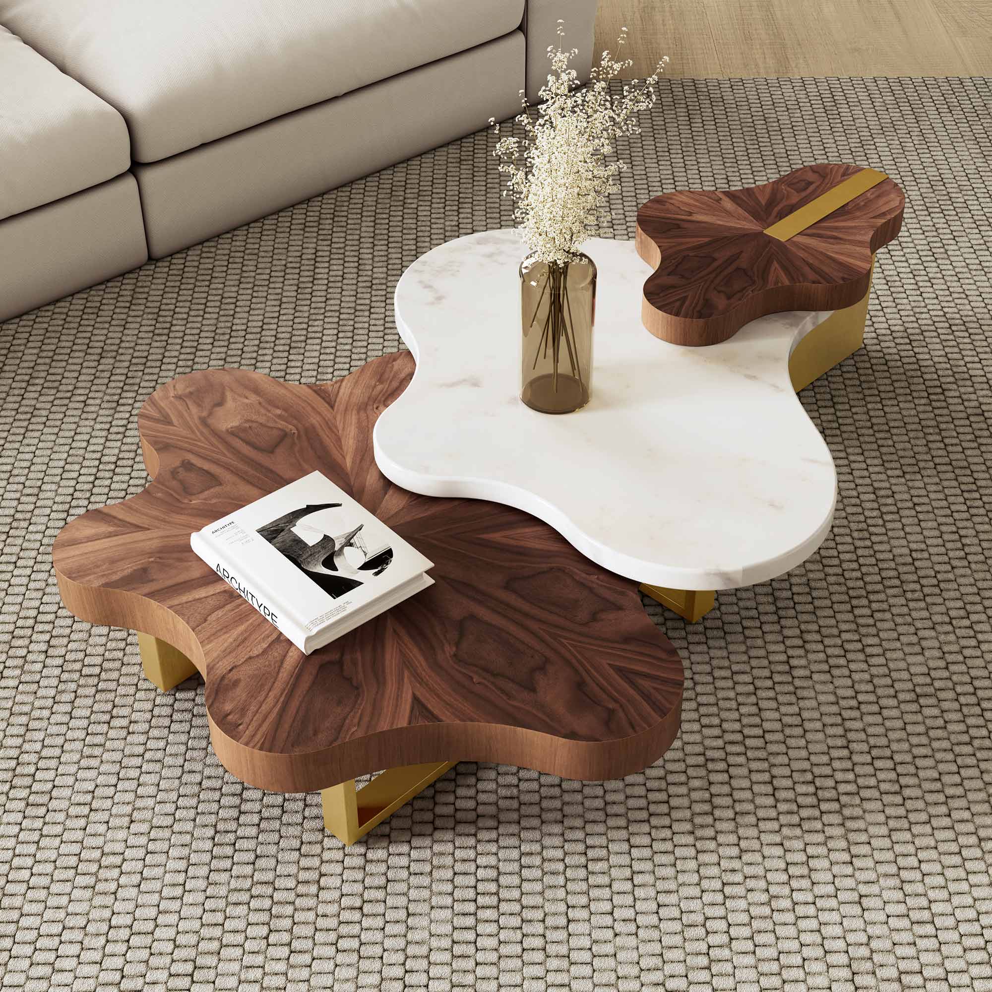 Cloud Shape Solid Wood Coffee Table Set
