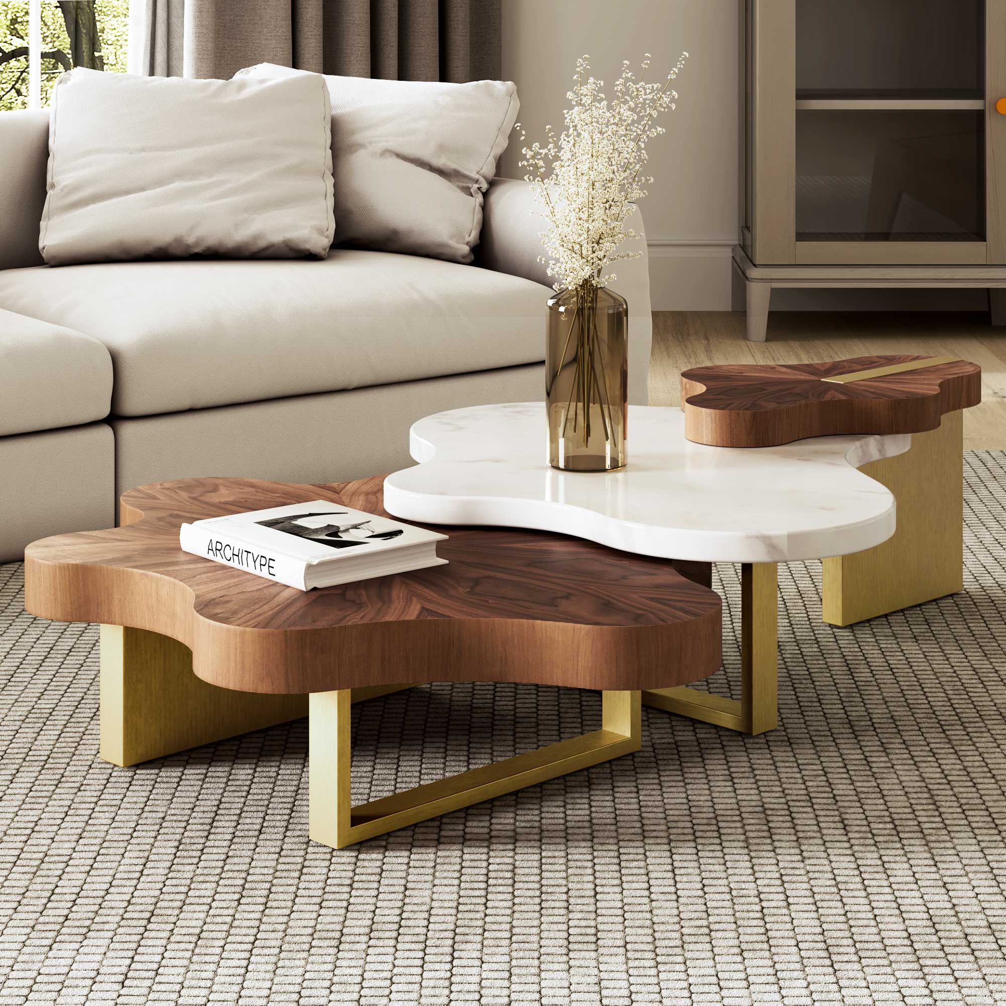 Cloud Shape Solid Wood Coffee Table Set