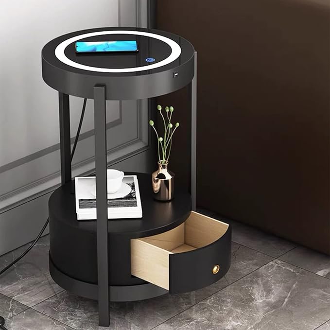 Black Smart Led Nightstand with Drawers