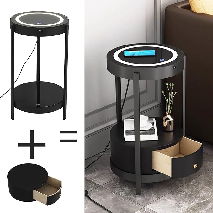 Black Smart Led Nightstand with Drawers