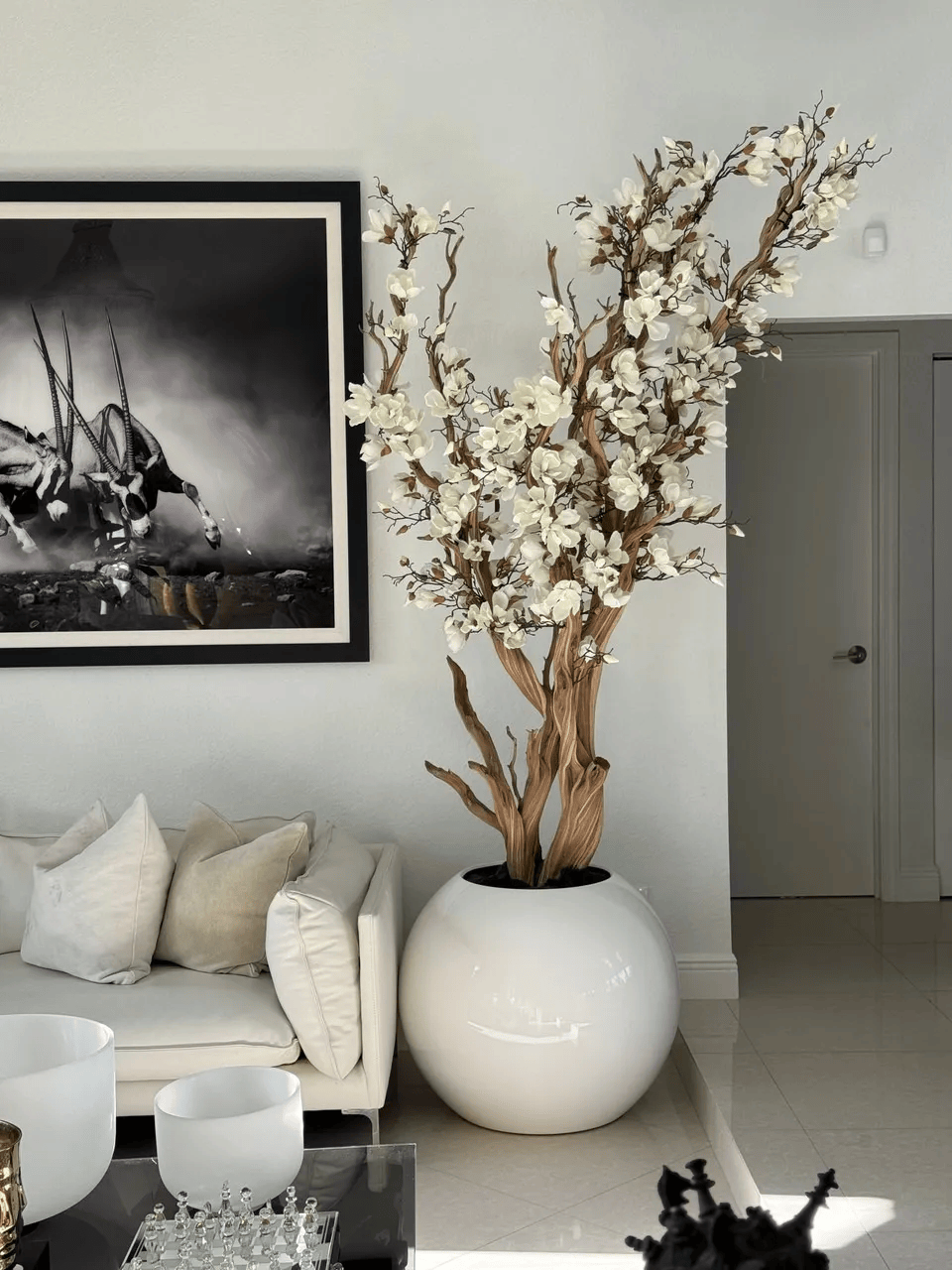 White Magnolia Tree in 30′′ Glossy White Globe Planter